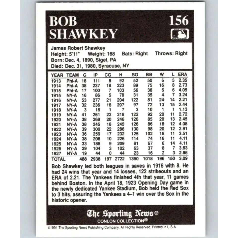 1991 Conlon Collection #156 Bob Shawkey EX Excellent New York Yankees Baseball Card - Baseball Card Single