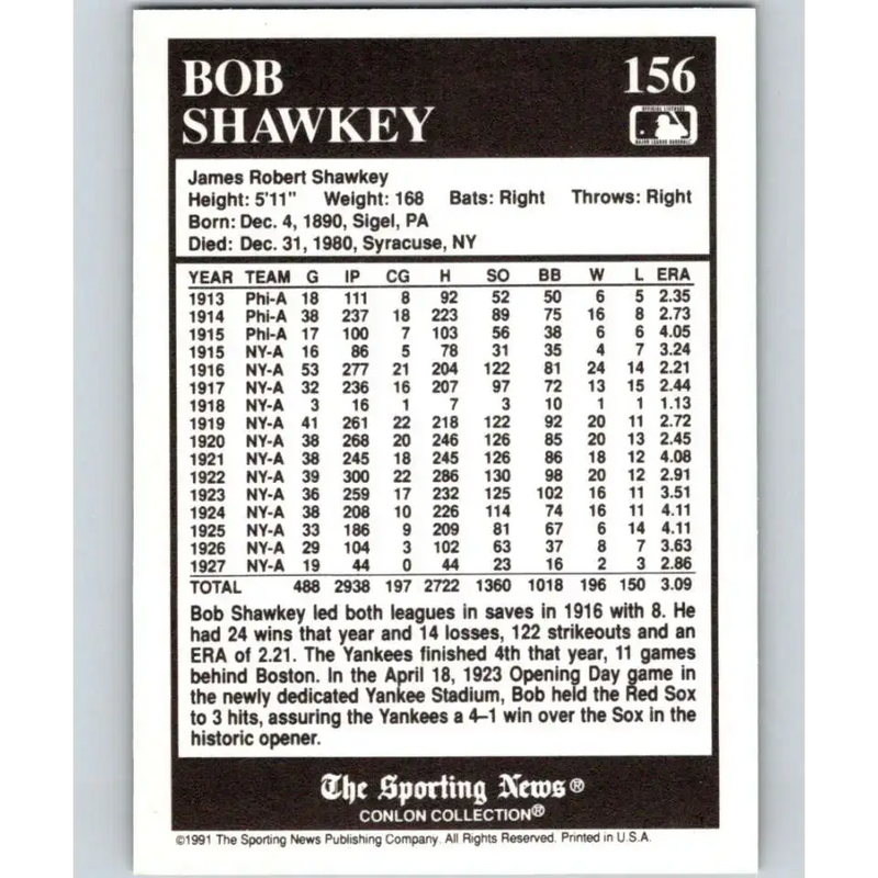 1991 Conlon Collection #156 Bob Shawkey EX Excellent New York Yankees Baseball Card - Baseball Card Single