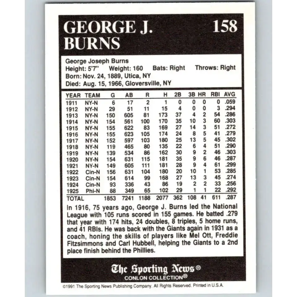 1991 Conlon Collection #158 George Burns EX Excellent New York Giants Baseball Card - Baseball Card Single