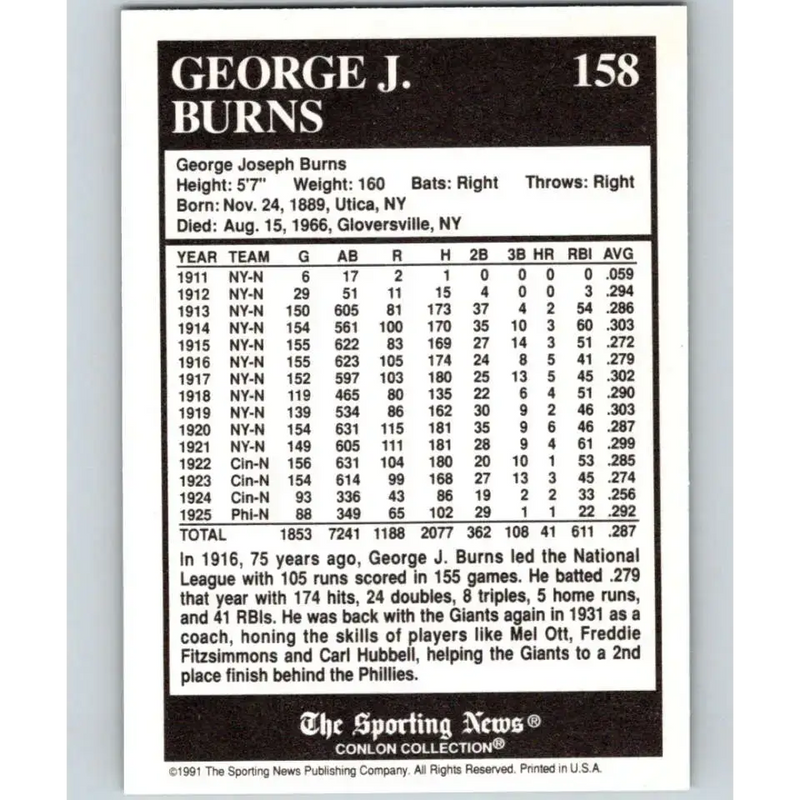 1991 Conlon Collection #158 George Burns EX Excellent New York Giants Baseball Card - Baseball Card Single