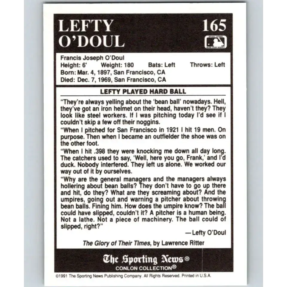 1991 Conlon Collection #165 Lefty O’Doul EX Excellent Philadelphia Phillies Baseball Card - Baseball Card Single