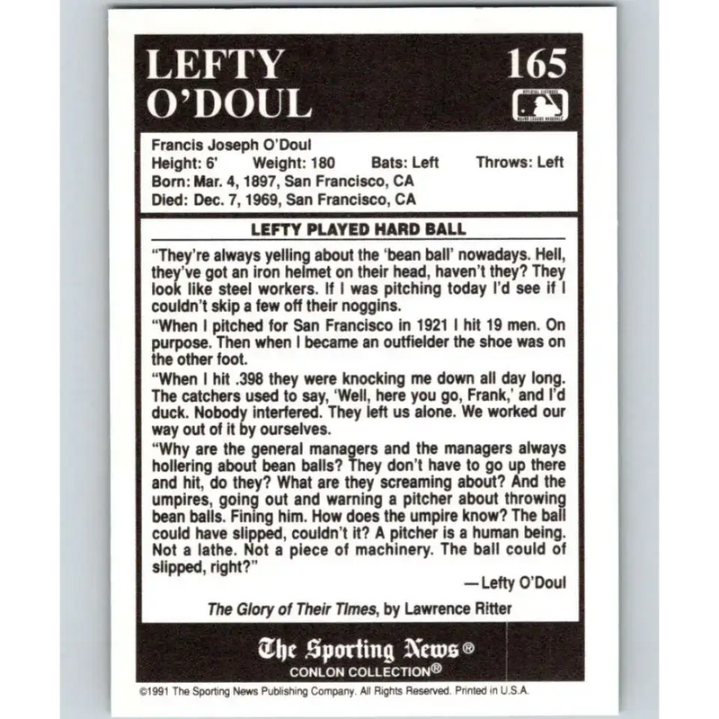 1991 Conlon Collection #165 Lefty O’Doul EX Excellent Philadelphia Phillies Baseball Card - Baseball Card Single