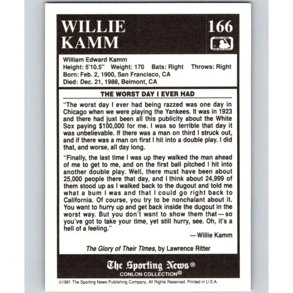 1991 Conlon Collection #166 Willie Kamm EX Excellent Chicago White Sox Baseball Card - Baseball Card Single