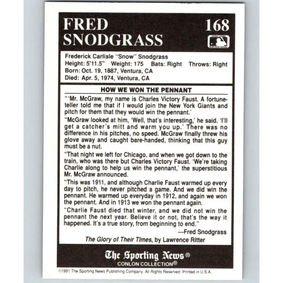 1991 Conlon Collection #168 Fred Snodgrass EX Excellent Boston Braves Baseball Card - Baseball Card Single