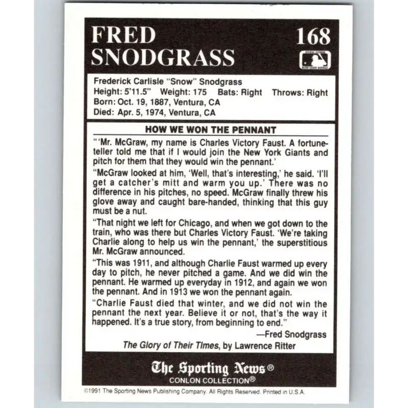 1991 Conlon Collection #168 Fred Snodgrass EX Excellent Boston Braves Baseball Card - Baseball Card Single