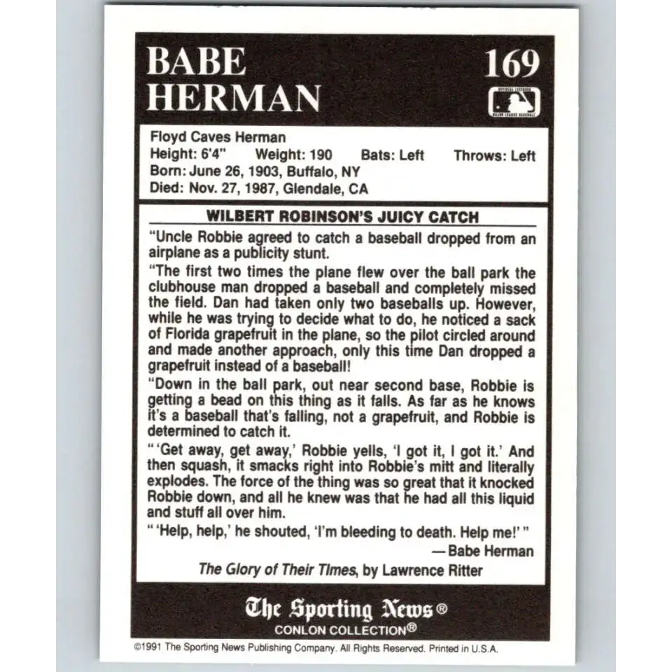 1991 Conlon Collection #169 Babe Herman EX Excellent Cincinnati Reds Baseball Card - Baseball Card Single