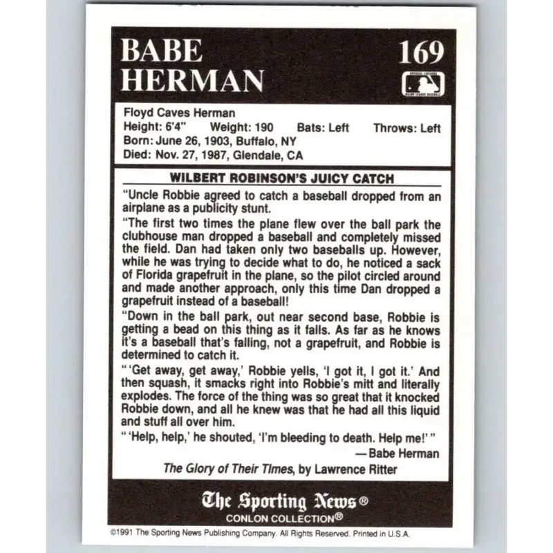 1991 Conlon Collection #169 Babe Herman EX Excellent Cincinnati Reds Baseball Card - Baseball Card Single