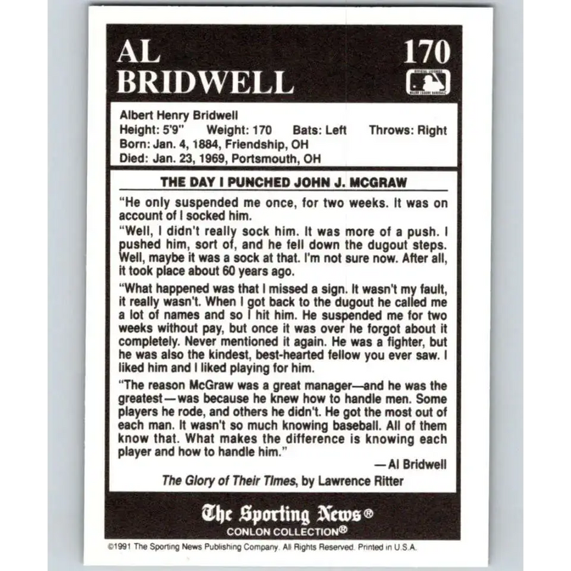 1991 Conlon Collection #170 Al Bridwell EX Excellent New York Giants Baseball Card - Baseball Card Single