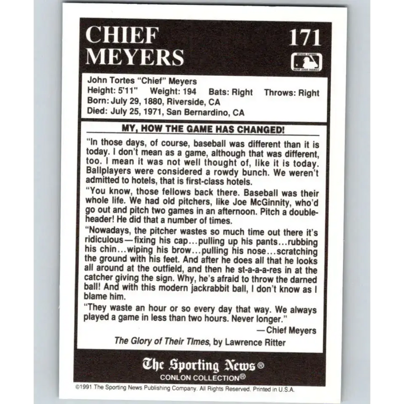 1991 Conlon Collection #171 Chief Meyers EX Excellent New York Giants Baseball Card - Baseball Card Single