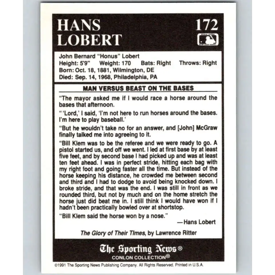1991 Conlon Collection #172 Hans Lobert EX Excellent New York Giants Baseball Card - Baseball Card Single
