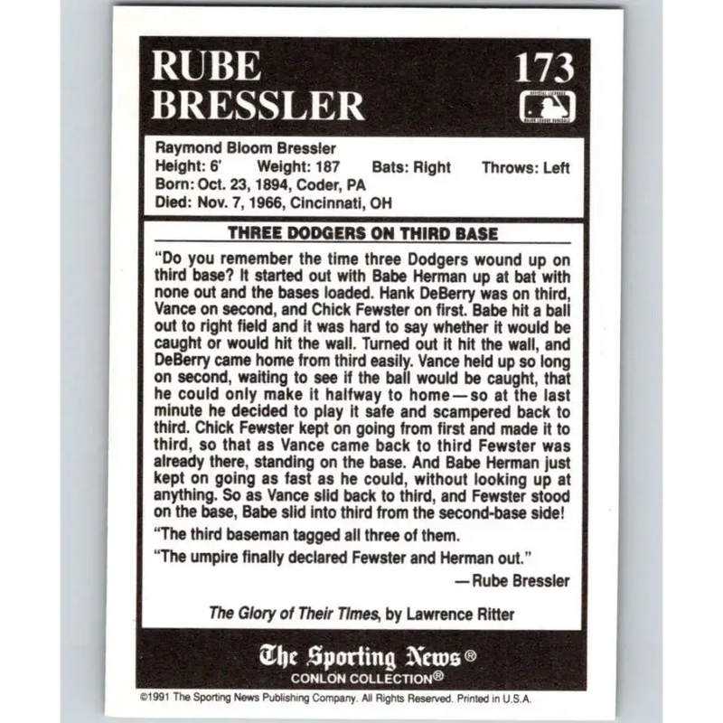 1991 Conlon Collection #173 Rube Bressler EX Excellent Cincinnati Reds Baseball Card - Baseball Card Single