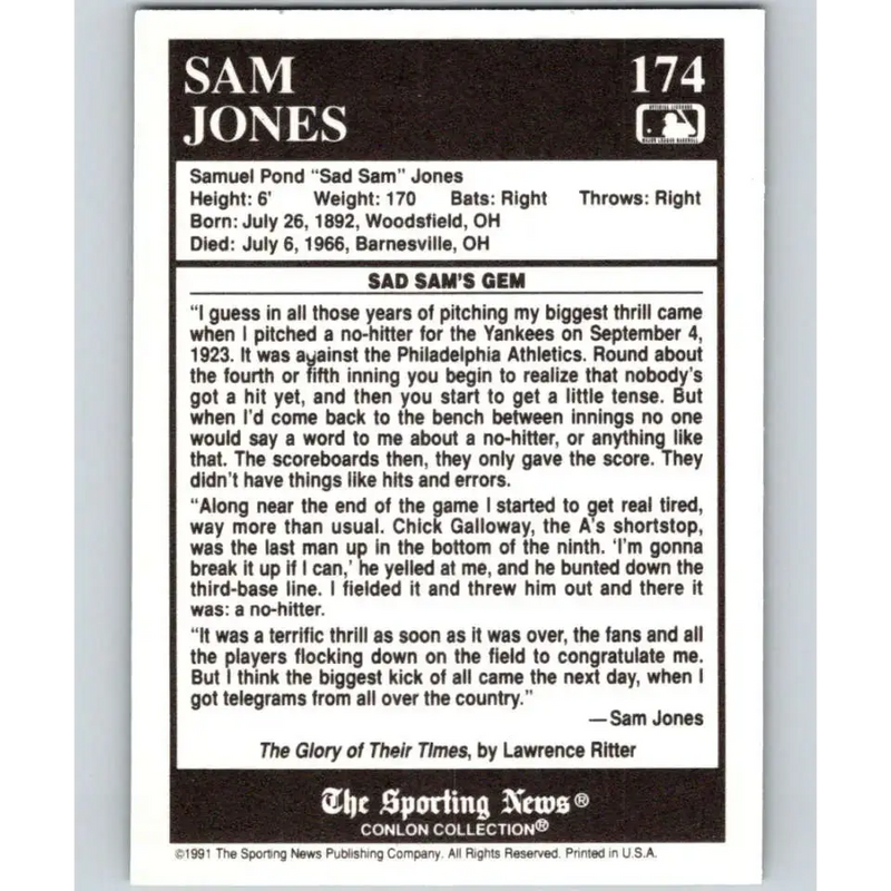 1991 Conlon Collection #174 Sad Sam Jones EX Excellent Washington Senators Baseball Card - Baseball Card Single
