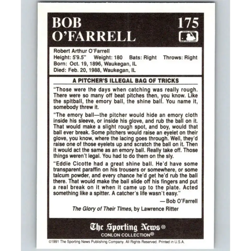 1991 Conlon Collection #175 Bob O’Farrell EX Excellent St. Louis Cardinals Baseball Card - Baseball Card Single