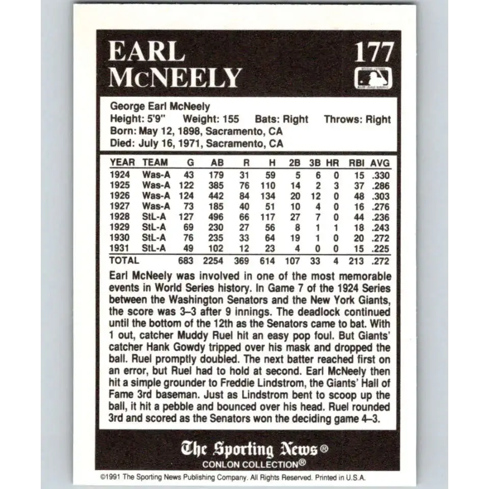 1991 Conlon Collection #177 Earl McNeely EX Excellent St. Louis Browns Baseball Card - Baseball Card Single
