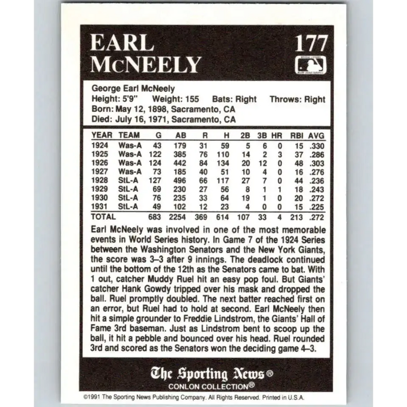 1991 Conlon Collection #177 Earl McNeely EX Excellent St. Louis Browns Baseball Card - Baseball Card Single