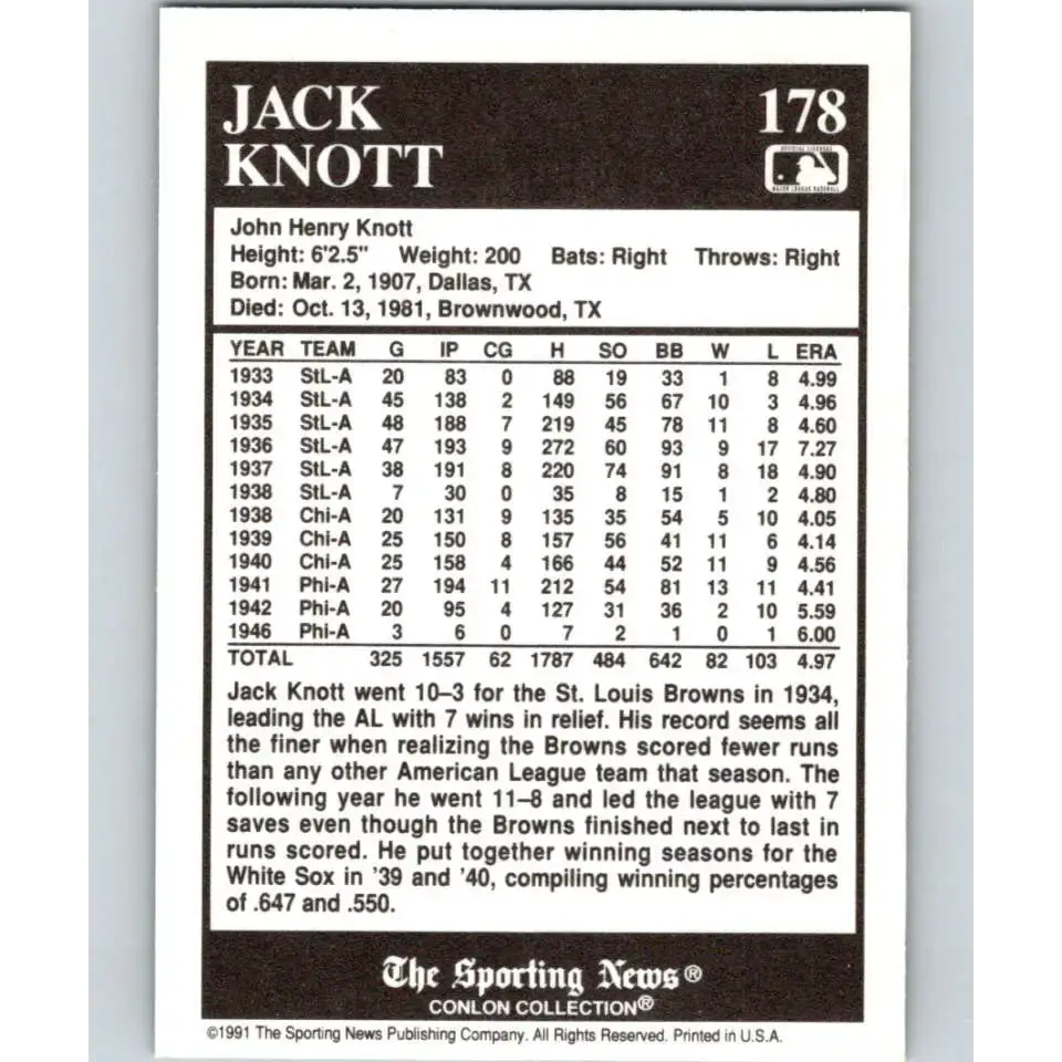1991 Conlon Collection #178 Jack Knott EX Excellent St. Louis Browns Baseball Card - Baseball Card Single