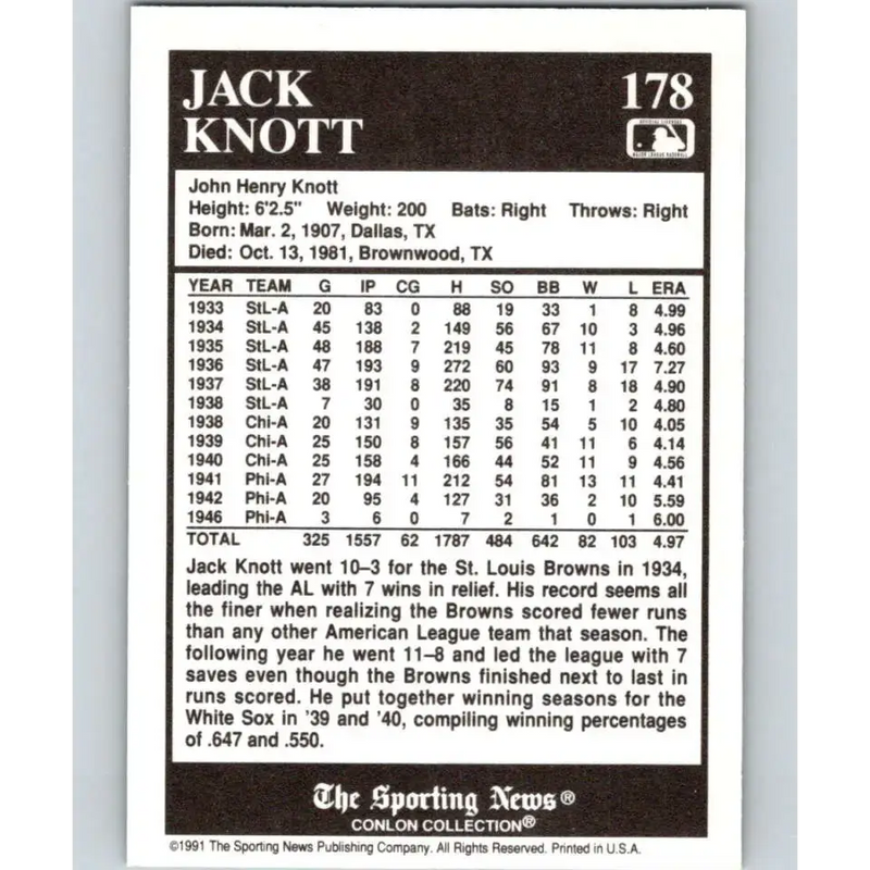1991 Conlon Collection #178 Jack Knott EX Excellent St. Louis Browns Baseball Card - Baseball Card Single
