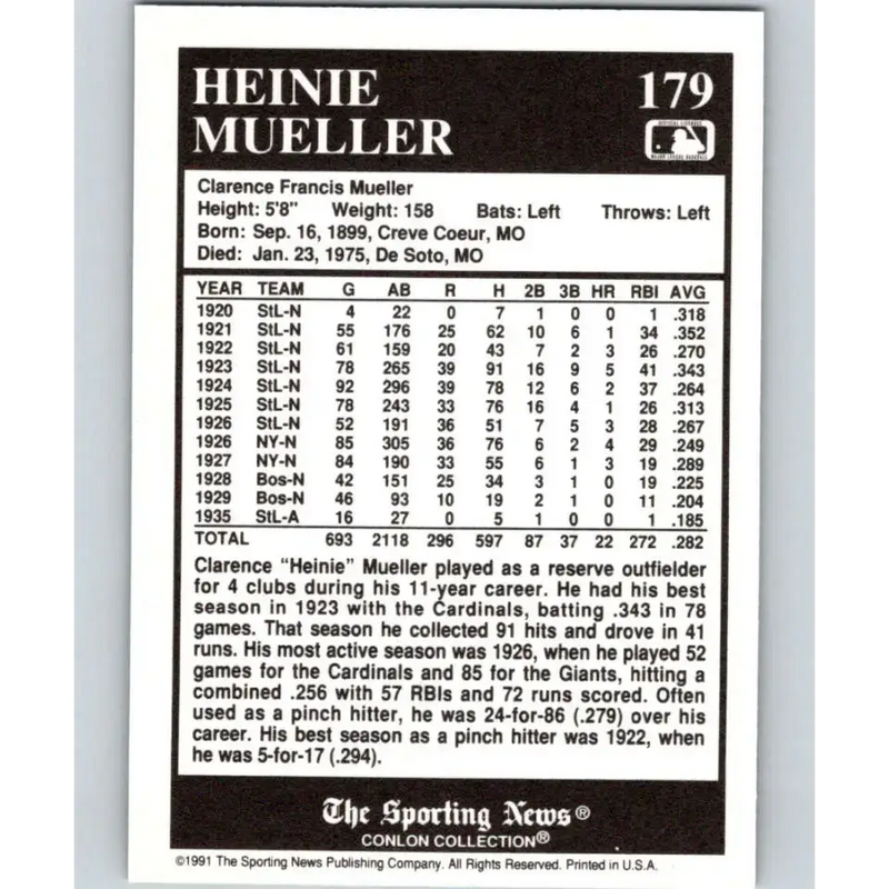 1991 Conlon Collection #179 Heinie Mueller EX Excellent Boston Braves Baseball Card - Baseball Card Single