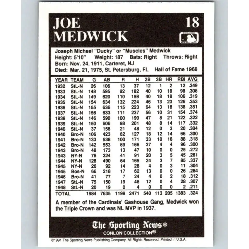 1991 Conlon Collection #18 Joe Medwick EX Excellent St. Louis Cardinals Baseball Card - Baseball Card Single