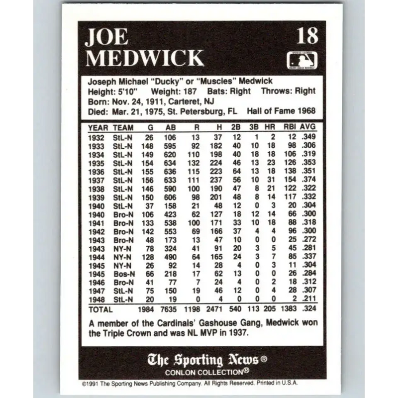 1991 Conlon Collection #18 Joe Medwick EX Excellent St. Louis Cardinals Baseball Card - Baseball Card Single