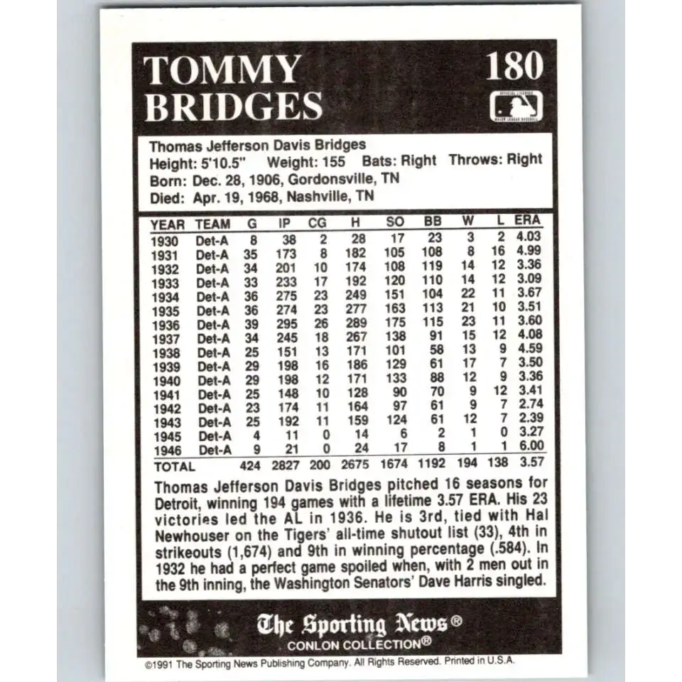 1991 Conlon Collection #180 Tommy Bridges EX Excellent Detroit Tigers Baseball Card - Baseball Card Single