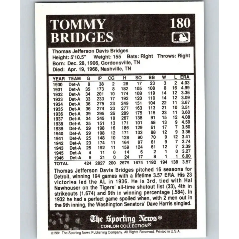 1991 Conlon Collection #180 Tommy Bridges EX Excellent Detroit Tigers Baseball Card - Baseball Card Single