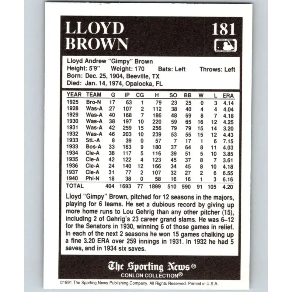 1991 Conlon Collection #181 Lloyd Brown EX Excellent Cleveland Indians Baseball Card - Baseball Card Single