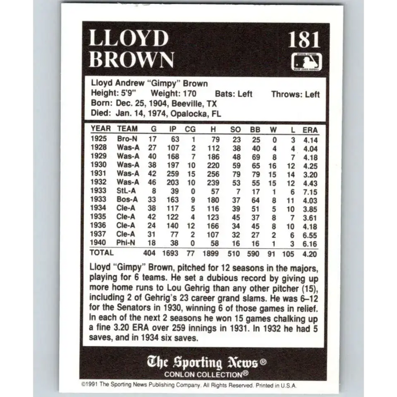 1991 Conlon Collection #181 Lloyd Brown EX Excellent Cleveland Indians Baseball Card - Baseball Card Single