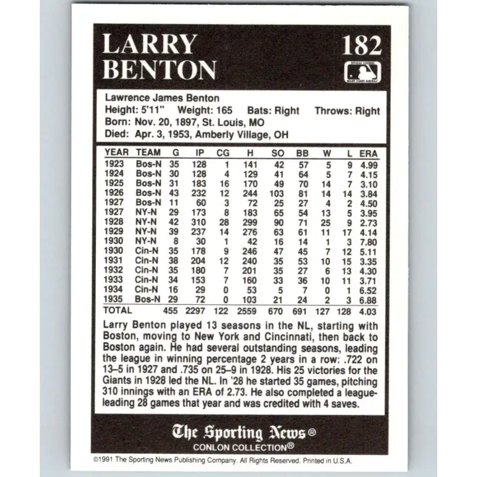 1991 Conlon Collection #182 Larry Benton EX Excellent New York Giants Baseball Card - Baseball Card Single