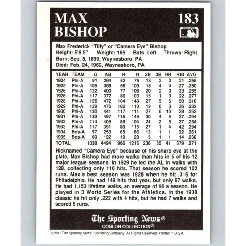 1991 Conlon Collection #183 Max Bishop EX Excellent Boston Red Sox Baseball Card - Baseball Card Single