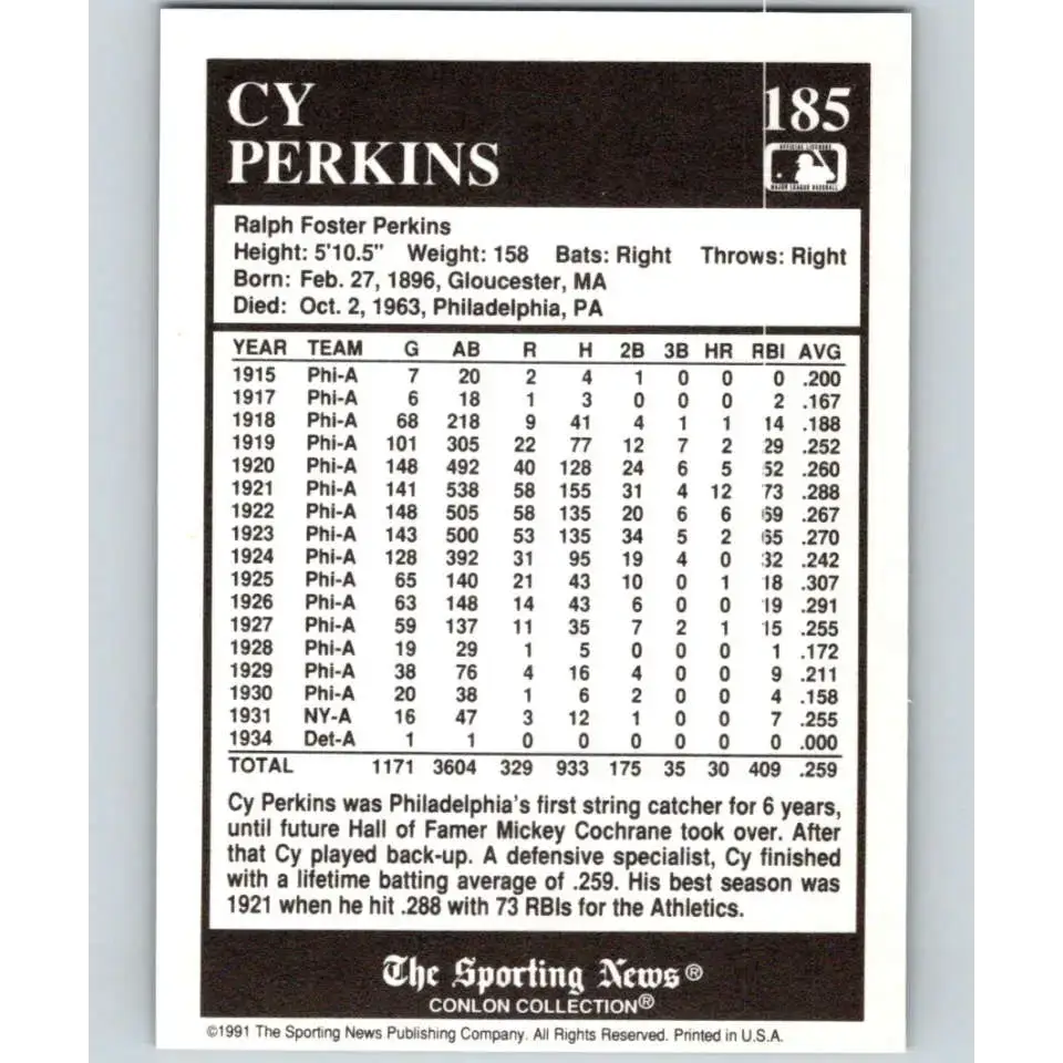 1991 Conlon Collection #185 Cy Perkins EX Excellent Philadelphia Athletics Baseball Card - Baseball Card Single