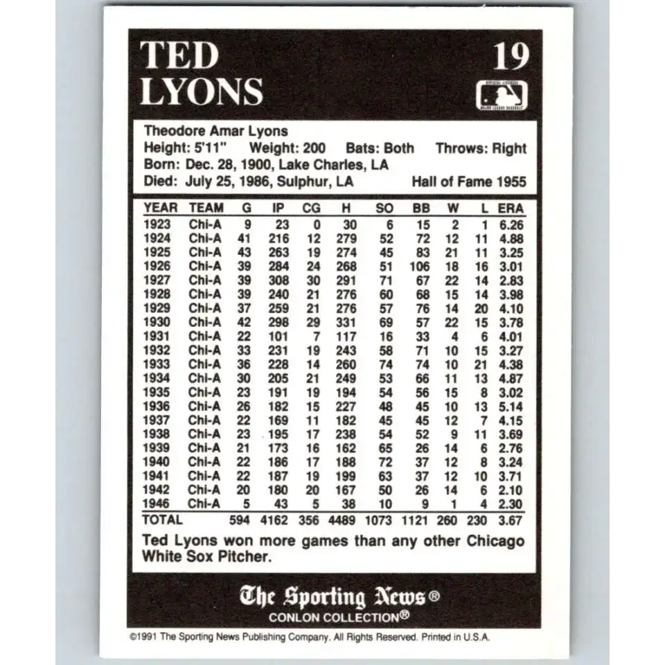1991 Conlon Collection #19 Ted Lyons EX Excellent Chicago White Sox Baseball Card - Baseball Card Single