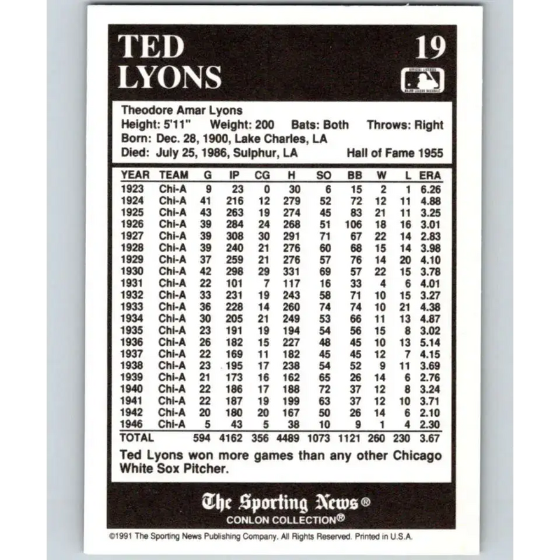 1991 Conlon Collection #19 Ted Lyons EX Excellent Chicago White Sox Baseball Card - Baseball Card Single