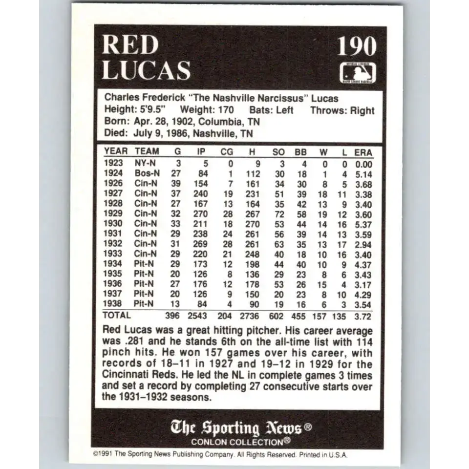 1991 Conlon Collection #190 Red Lucas EX Excellent Pittsburgh Pirates Baseball Card - Baseball Card Single