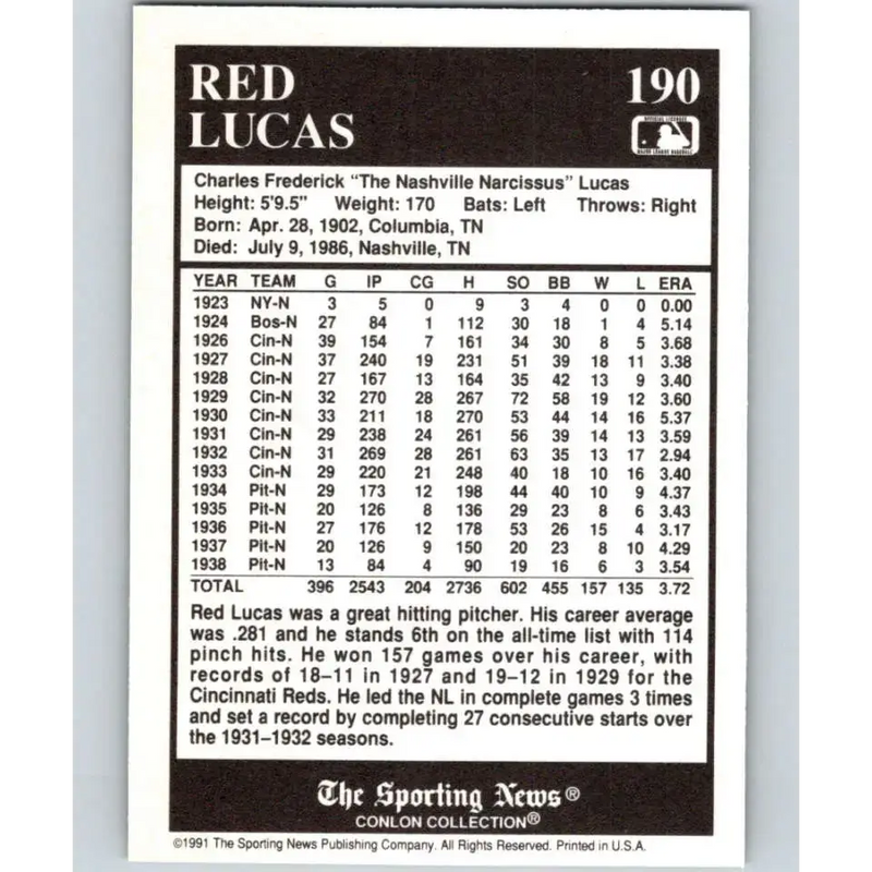 1991 Conlon Collection #190 Red Lucas EX Excellent Pittsburgh Pirates Baseball Card - Baseball Card Single