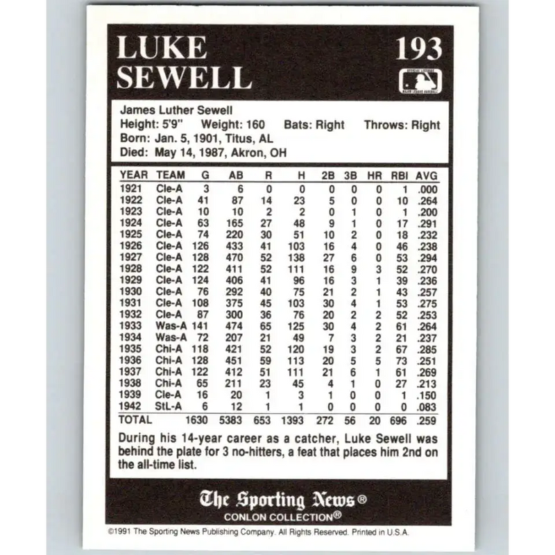 1991 Conlon Collection #193 Luke Sewell EX Excellent Cleveland Indians Baseball Card - Baseball Card Single