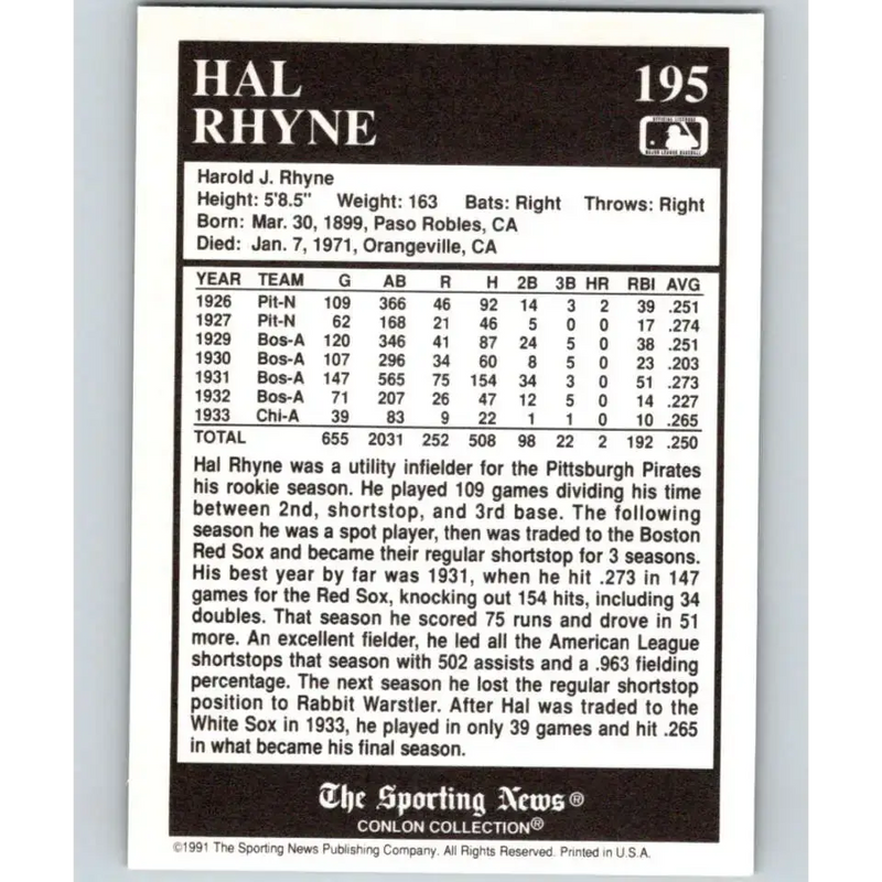 1991 Conlon Collection #195 Hal Rhyne EX Excellent Boston Red Sox Baseball Card - Baseball Card Single