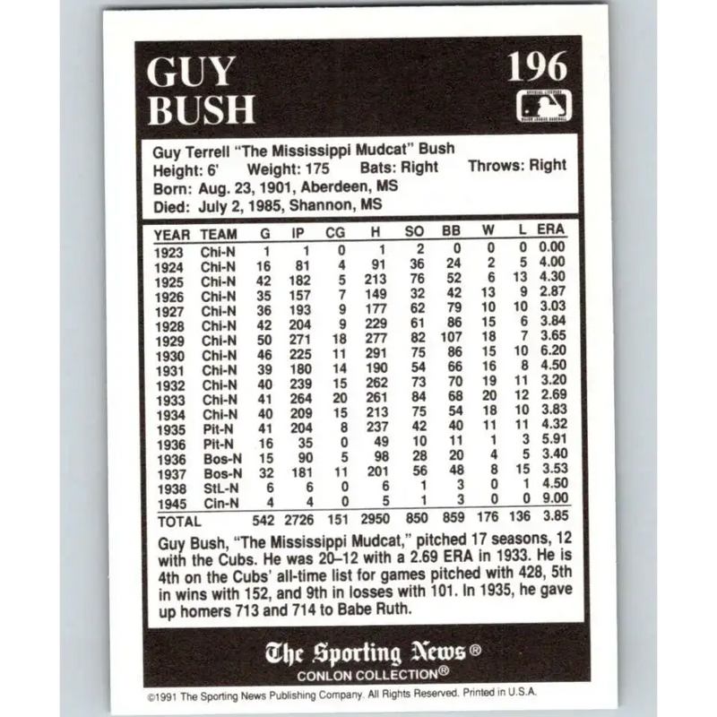 1991 Conlon Collection #196 Guy Bush EX Excellent Pittsburgh Pirates Baseball Card - Baseball Card Single