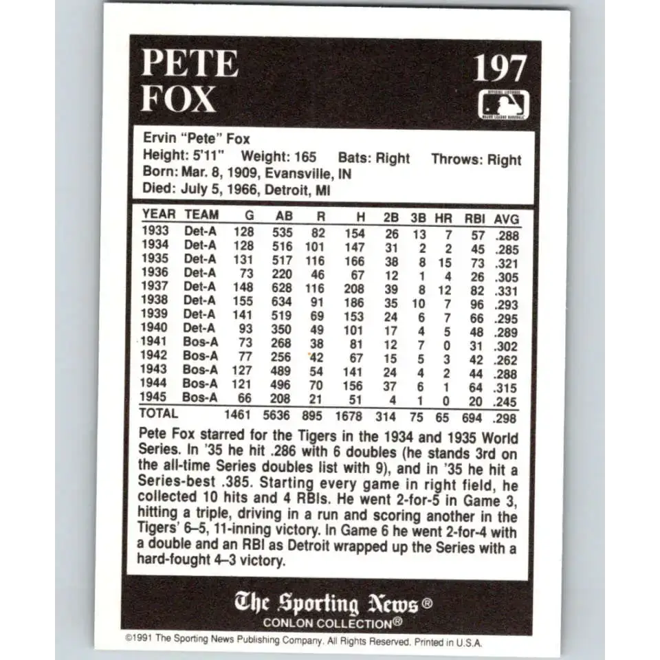1991 Conlon Collection #197 Pete Fox EX Excellent Detroit Tigers Baseball Card - Baseball Card Single