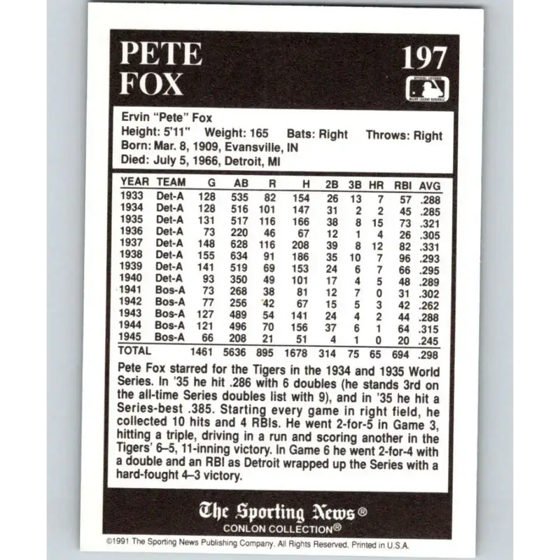 1991 Conlon Collection #197 Pete Fox EX Excellent Detroit Tigers Baseball Card - Baseball Card Single