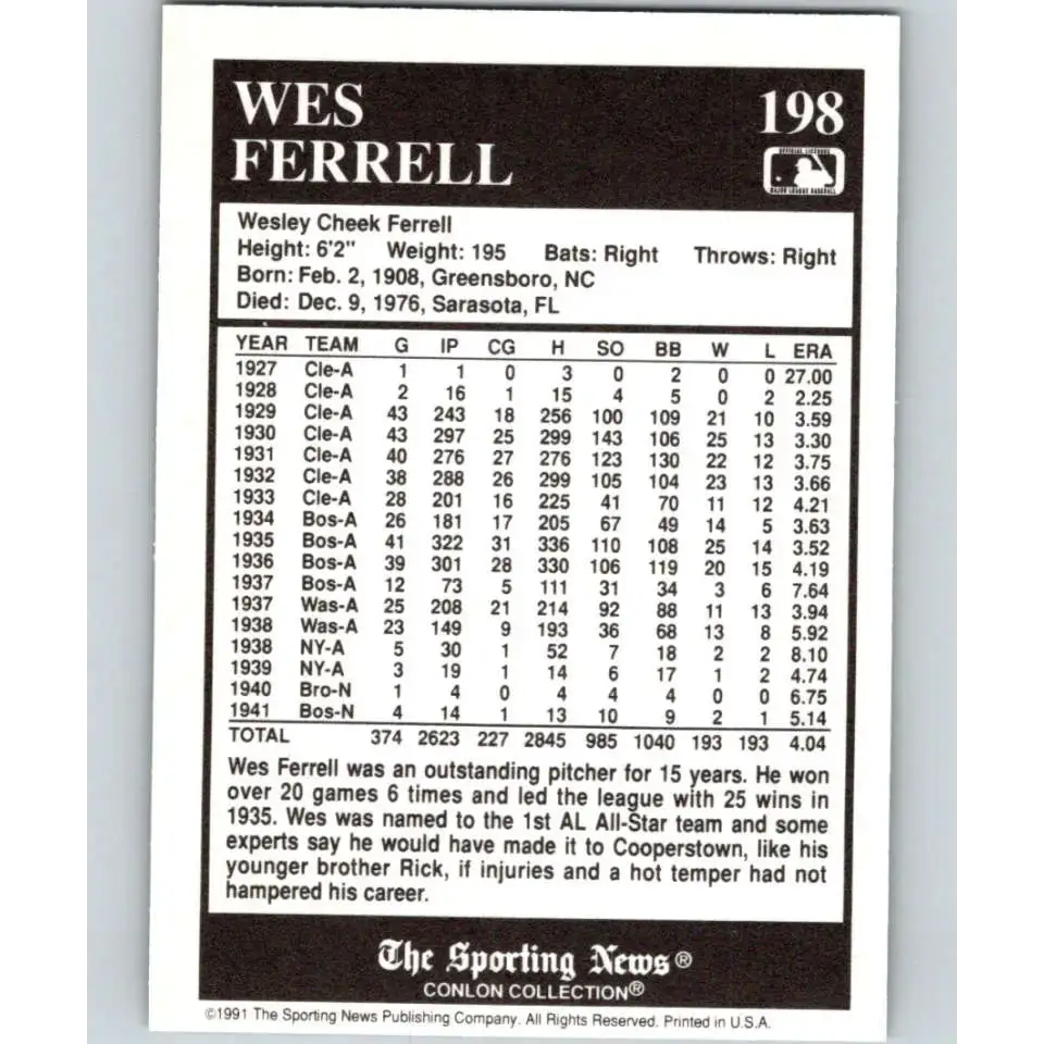 1991 Conlon Collection #198 Wes Ferrell EX Excellent Boston Red Sox Baseball Card - Baseball Card Single