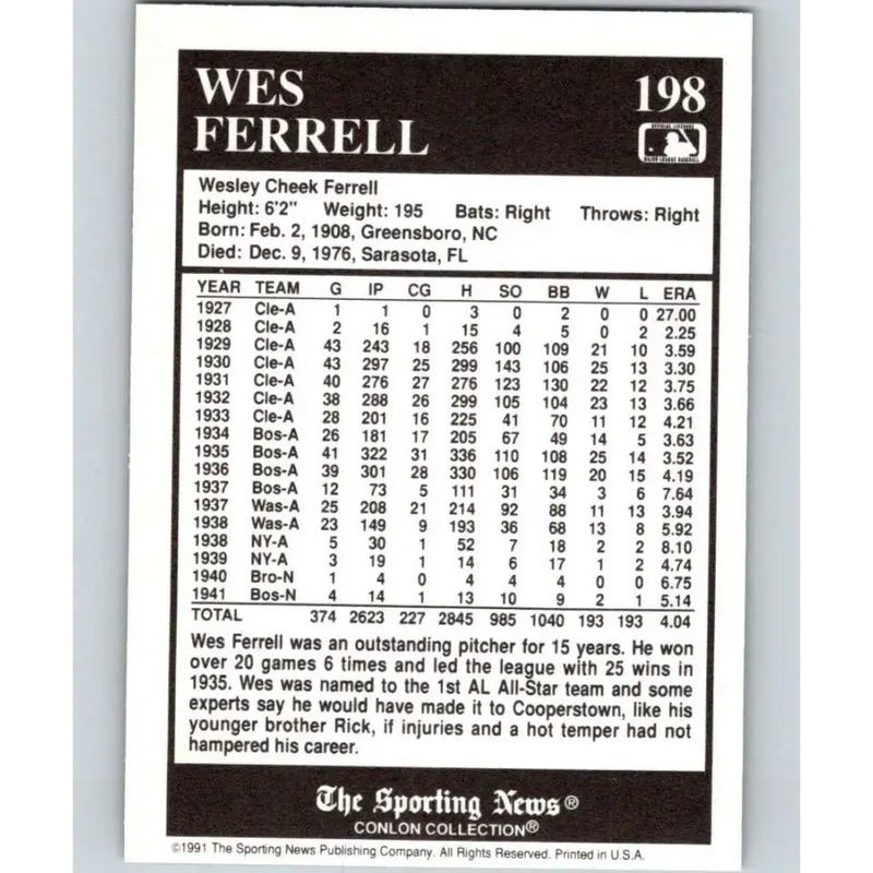 1991 Conlon Collection #198 Wes Ferrell EX Excellent Boston Red Sox Baseball Card - Baseball Card Single
