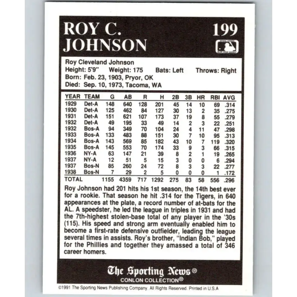 1991 Conlon Collection #199 Roy Johnson EX Excellent New York Yankees Baseball Card - Baseball Card Single