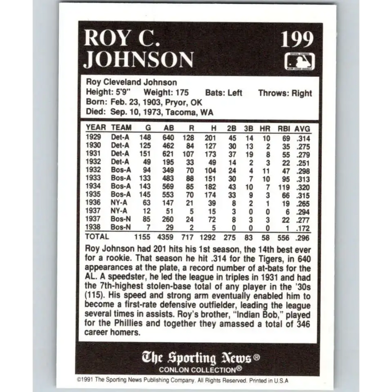 1991 Conlon Collection #199 Roy Johnson EX Excellent New York Yankees Baseball Card - Baseball Card Single