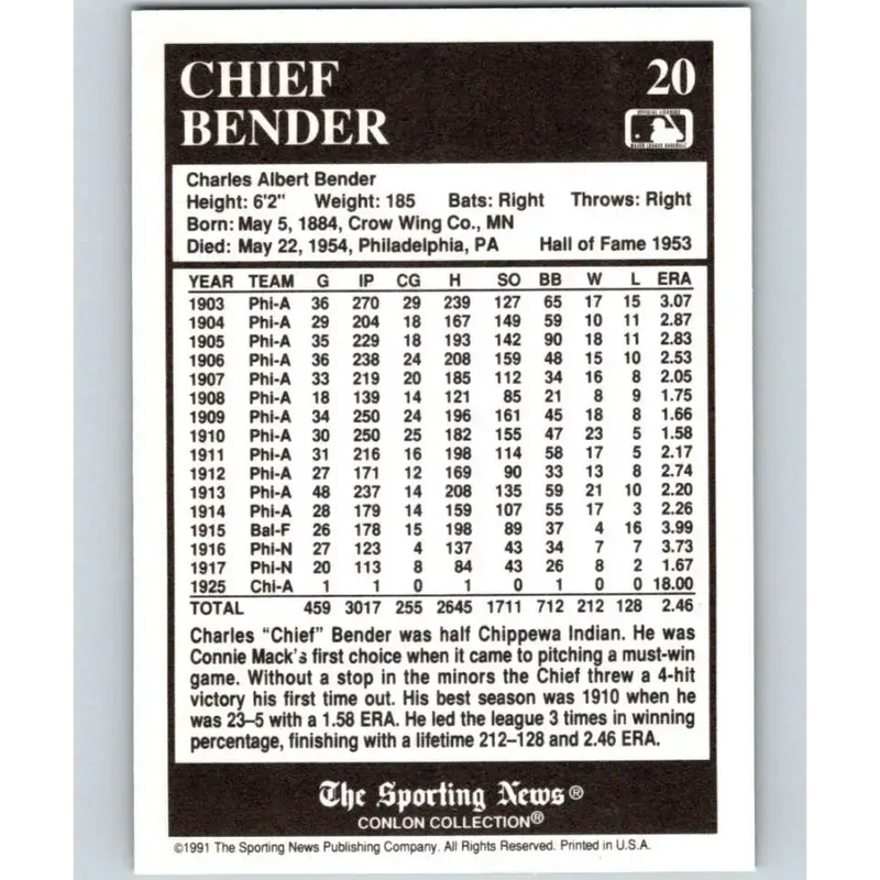 1991 Conlon Collection #20 Chief Bender EX Excellent Chicago White Sox Baseball Card - Baseball Card Single