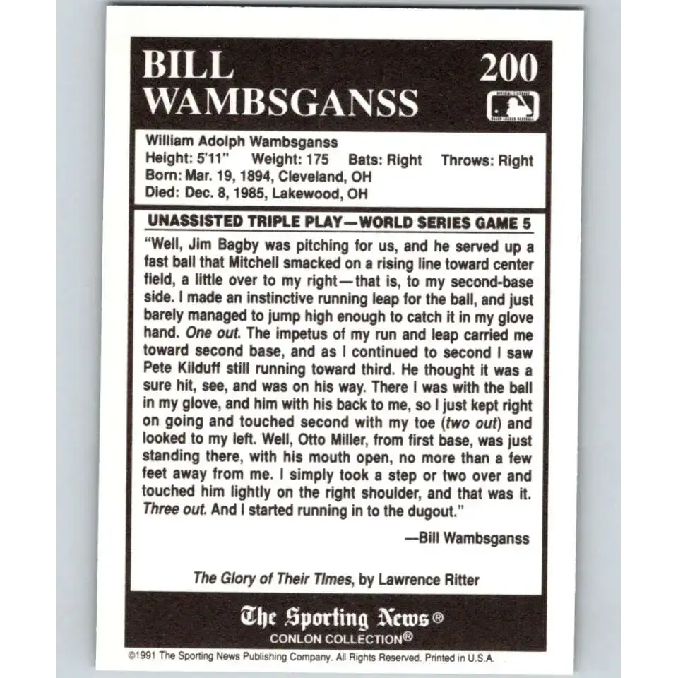 1991 Conlon Collection #200 Bill Wambsganss EX Excellent Cleveland Indians Baseball Card - Baseball Card Single