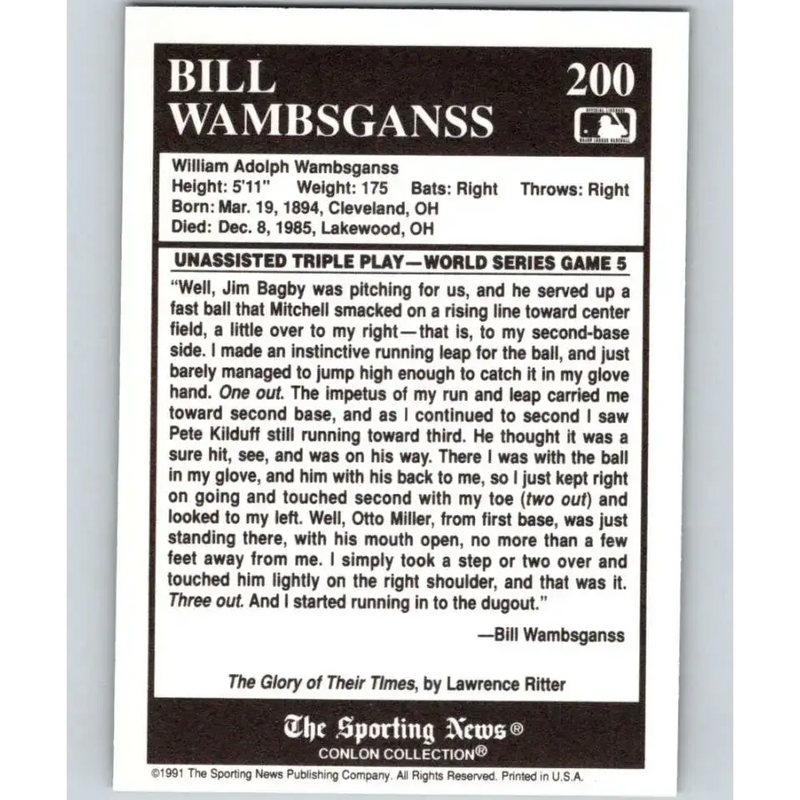 1991 Conlon Collection #200 Bill Wambsganss EX Excellent Cleveland Indians Baseball Card - Baseball Card Single