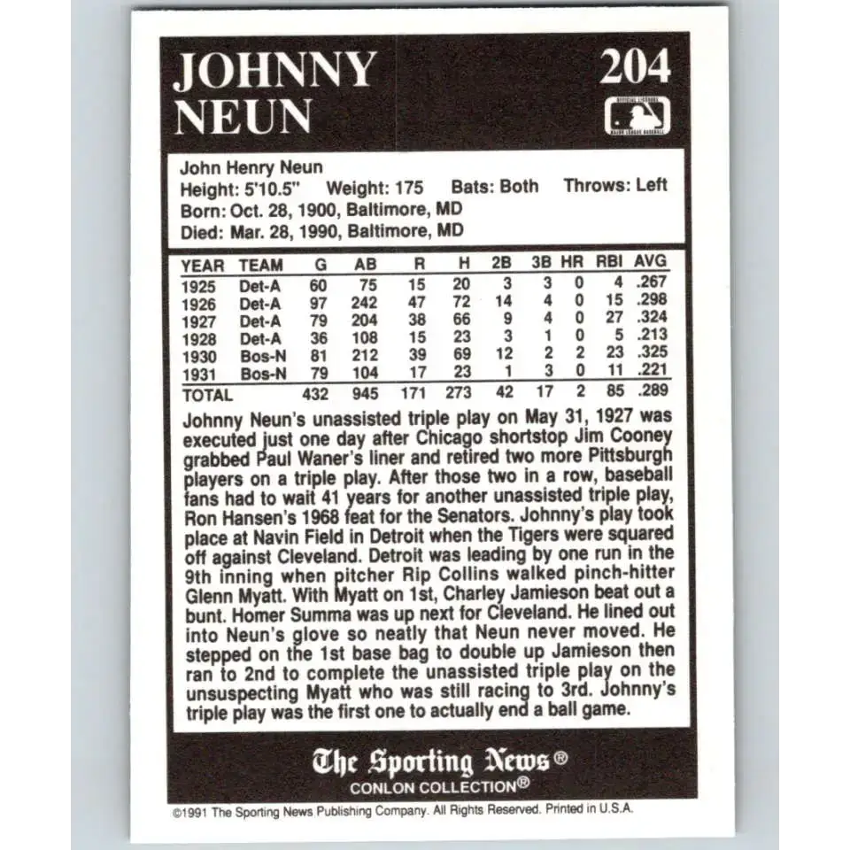1991 Conlon Collection #204 Johnny Neun EX Excellent Detroit Tigers Baseball Card - Baseball Card Single