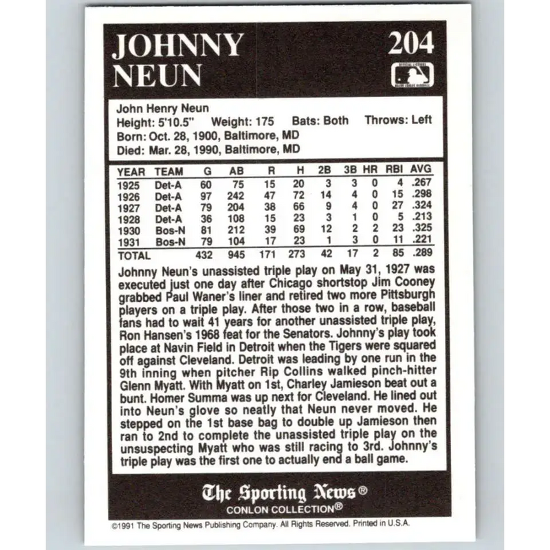 1991 Conlon Collection #204 Johnny Neun EX Excellent Detroit Tigers Baseball Card - Baseball Card Single
