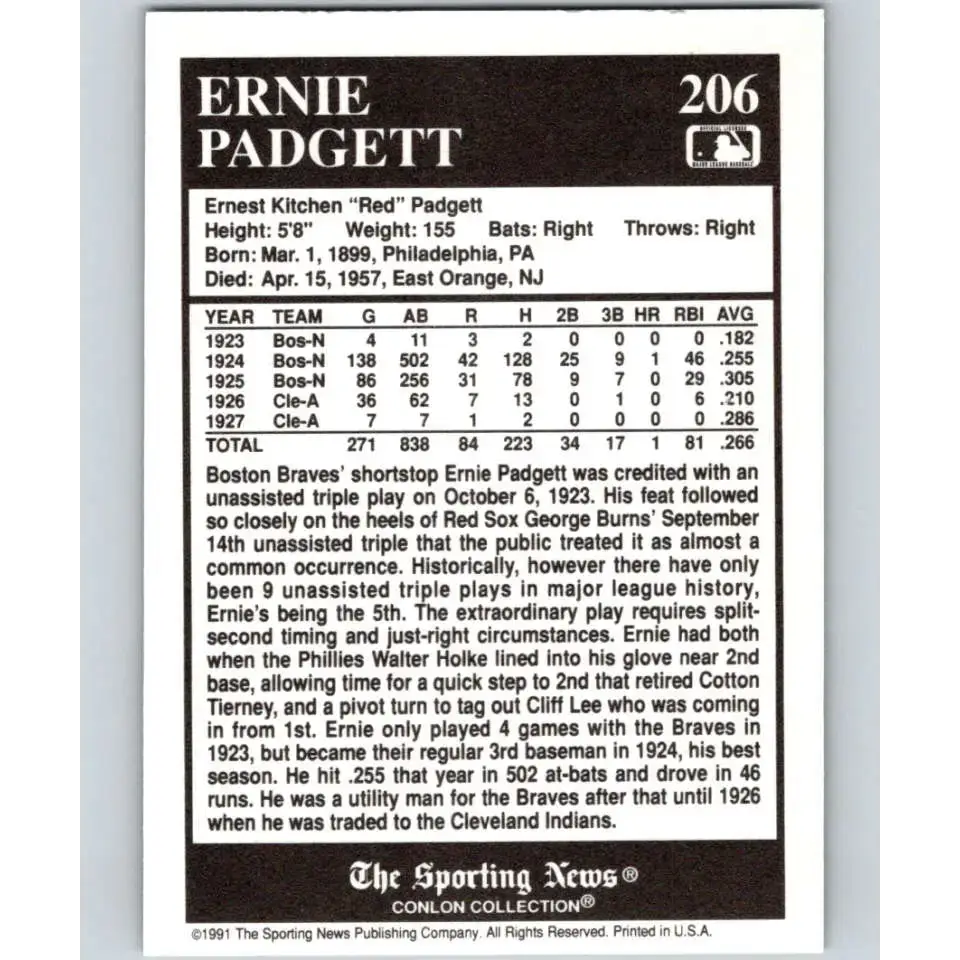 1991 Conlon Collection #206 Ernie Padgett EX Excellent Boston Braves Baseball Card - Baseball Card Single